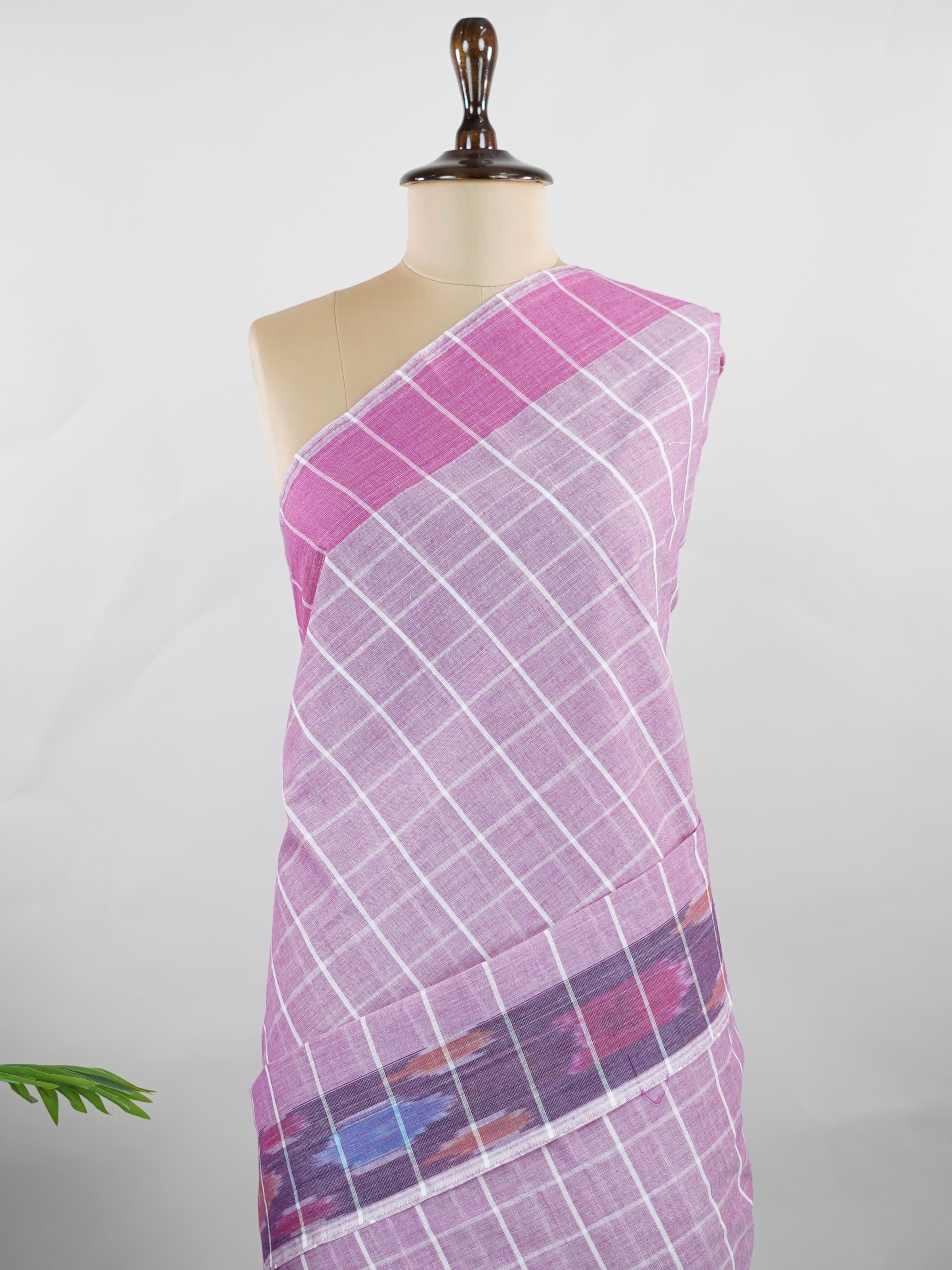Bengal Cottons Pink South Cotton with Ikkat Style Borders &amp; Grey Blouse Anuraga - Pink Handloom Cotton Saree | Ikkat Border - Manoranjitham Weaves - Handloom Store
