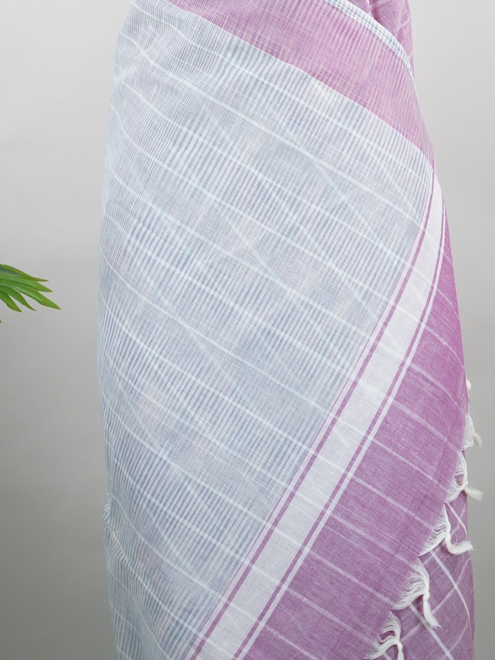 Bengal Cottons Pink South Cotton with Ikkat Style Borders &amp; Grey Blouse Anuraga - Pink Handloom Cotton Saree | Ikkat Border - Manoranjitham Weaves - Handloom Store