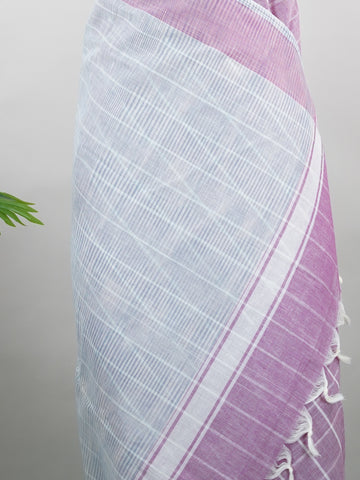 Bengal Cottons Pink South Cotton with Ikkat Style Borders &amp; Grey Blouse Anuraga - Pink Handloom Cotton Saree | Ikkat Border - Manoranjitham Weaves - Handloom Store