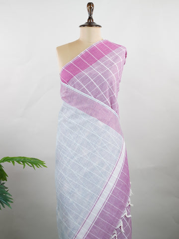Bengal Cottons Pink South Cotton with Ikkat Style Borders &amp; Grey Blouse Anuraga - Pink Handloom Cotton Saree | Ikkat Border - Manoranjitham Weaves - Handloom Store