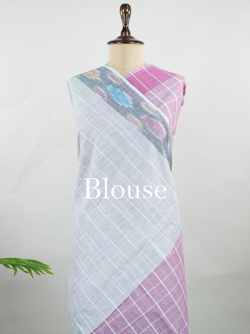Bengal Cottons Pink South Cotton with Ikkat Style Borders &amp; Grey Blouse Anuraga - Pink Handloom Cotton Saree | Ikkat Border - Manoranjitham Weaves - Handloom Store
