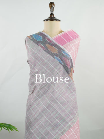 Bengal Cottons Pink South Cotton with Ikkat Style Borders &amp; Teal Blouse Vasantha - Pink Handloom Cotton Saree | Ikkat Border - Manoranjitham Weaves - Handloom Store
