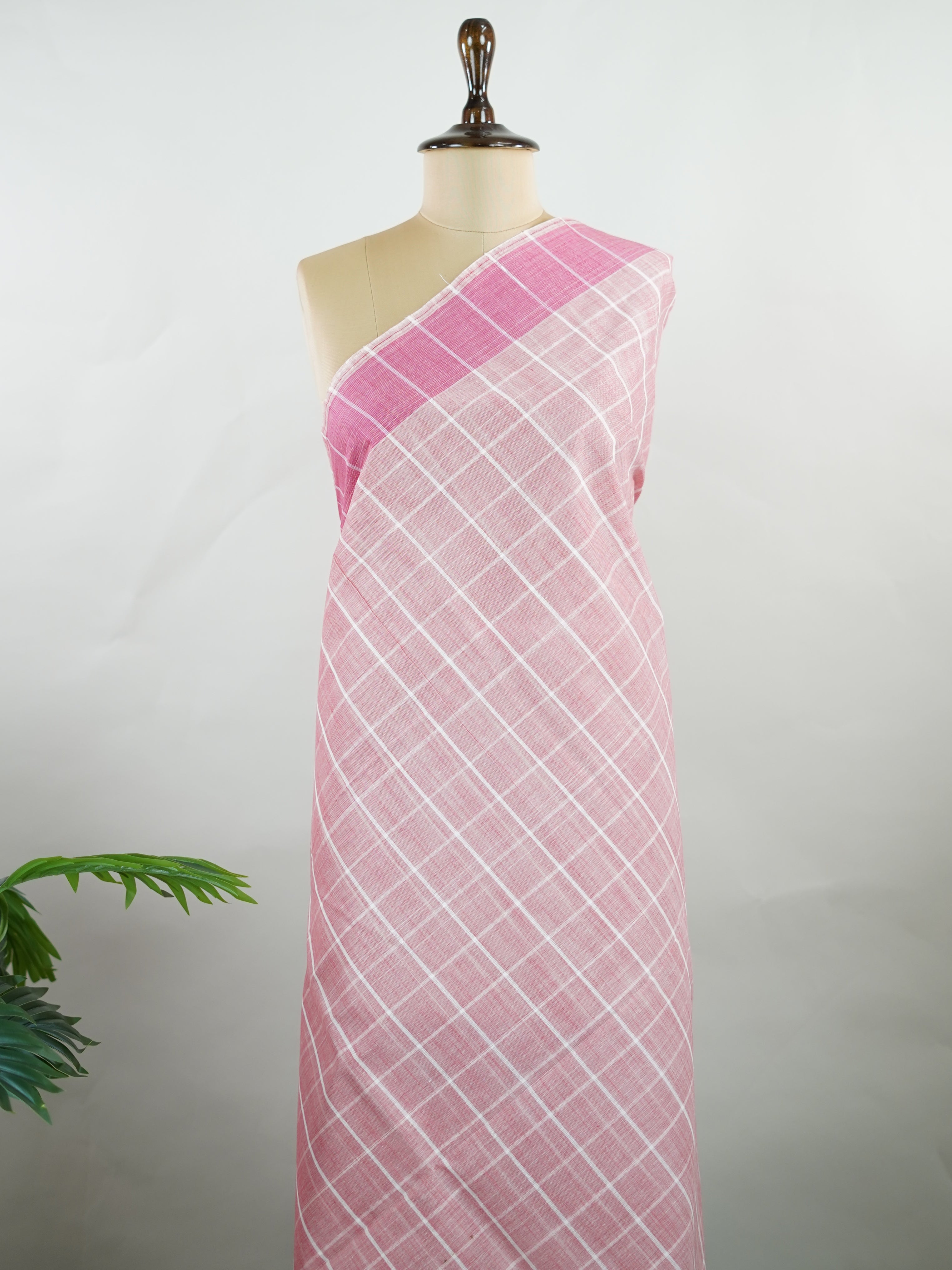 Bengal Cottons Pink South Cotton with Ikkat Style Borders &amp; Teal Blouse Vasantha - Pink Handloom Cotton Saree | Ikkat Border - Manoranjitham Weaves - Handloom Store