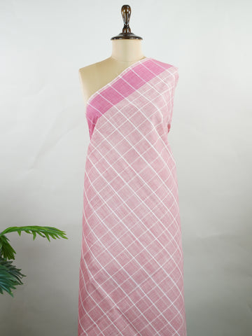 Bengal Cottons Pink South Cotton with Ikkat Style Borders &amp; Teal Blouse Vasantha - Pink Handloom Cotton Saree | Ikkat Border - Manoranjitham Weaves - Handloom Store