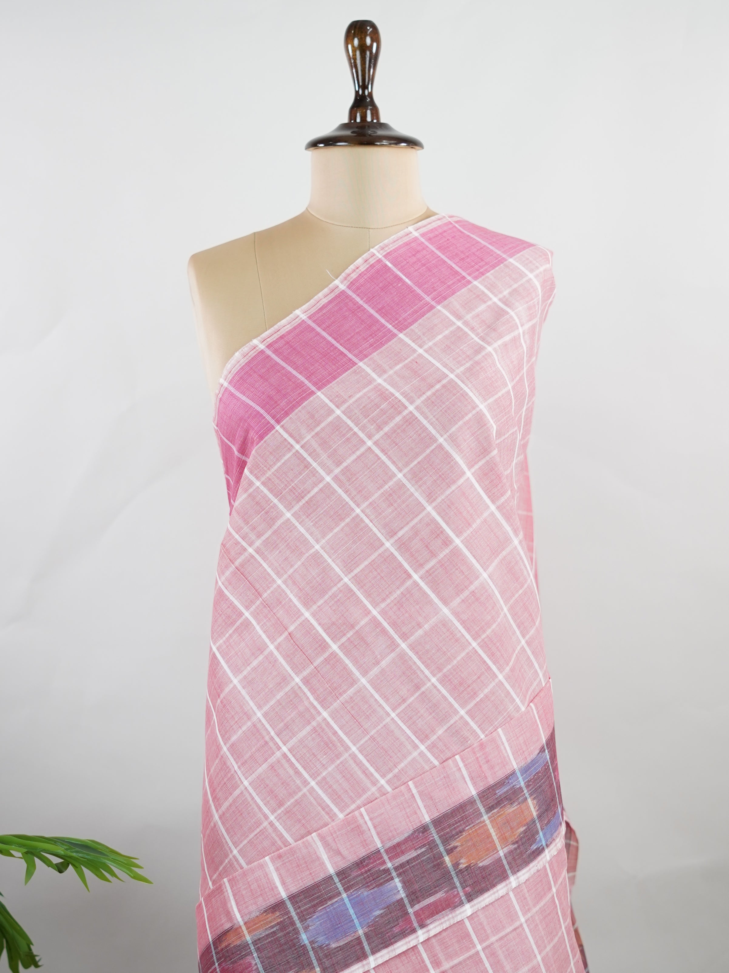 Bengal Cottons Pink South Cotton with Ikkat Style Borders &amp; Teal Blouse Vasantha - Pink Handloom Cotton Saree | Ikkat Border - Manoranjitham Weaves - Handloom Store