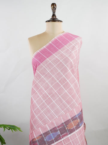 Bengal Cottons Pink South Cotton with Ikkat Style Borders &amp; Teal Blouse Vasantha - Pink Handloom Cotton Saree | Ikkat Border - Manoranjitham Weaves - Handloom Store