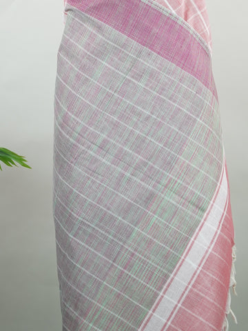 Bengal Cottons Pink South Cotton with Ikkat Style Borders &amp; Teal Blouse Vasantha - Pink Handloom Cotton Saree | Ikkat Border - Manoranjitham Weaves - Handloom Store