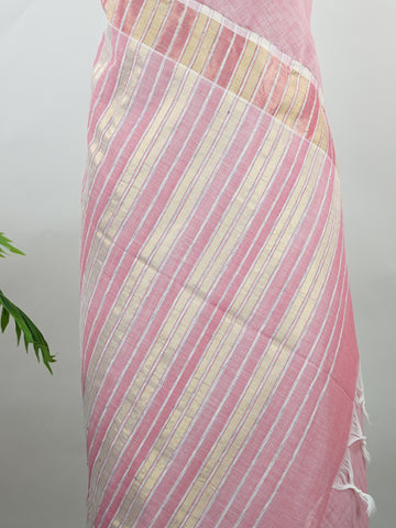 Bengal Cottons Pink South Cotton with Running Zari Border &amp; Pink Blouse Muthulakshmi - Pink Handloom Cotton Saree - Manoranjitham Weaves - Handloom Store