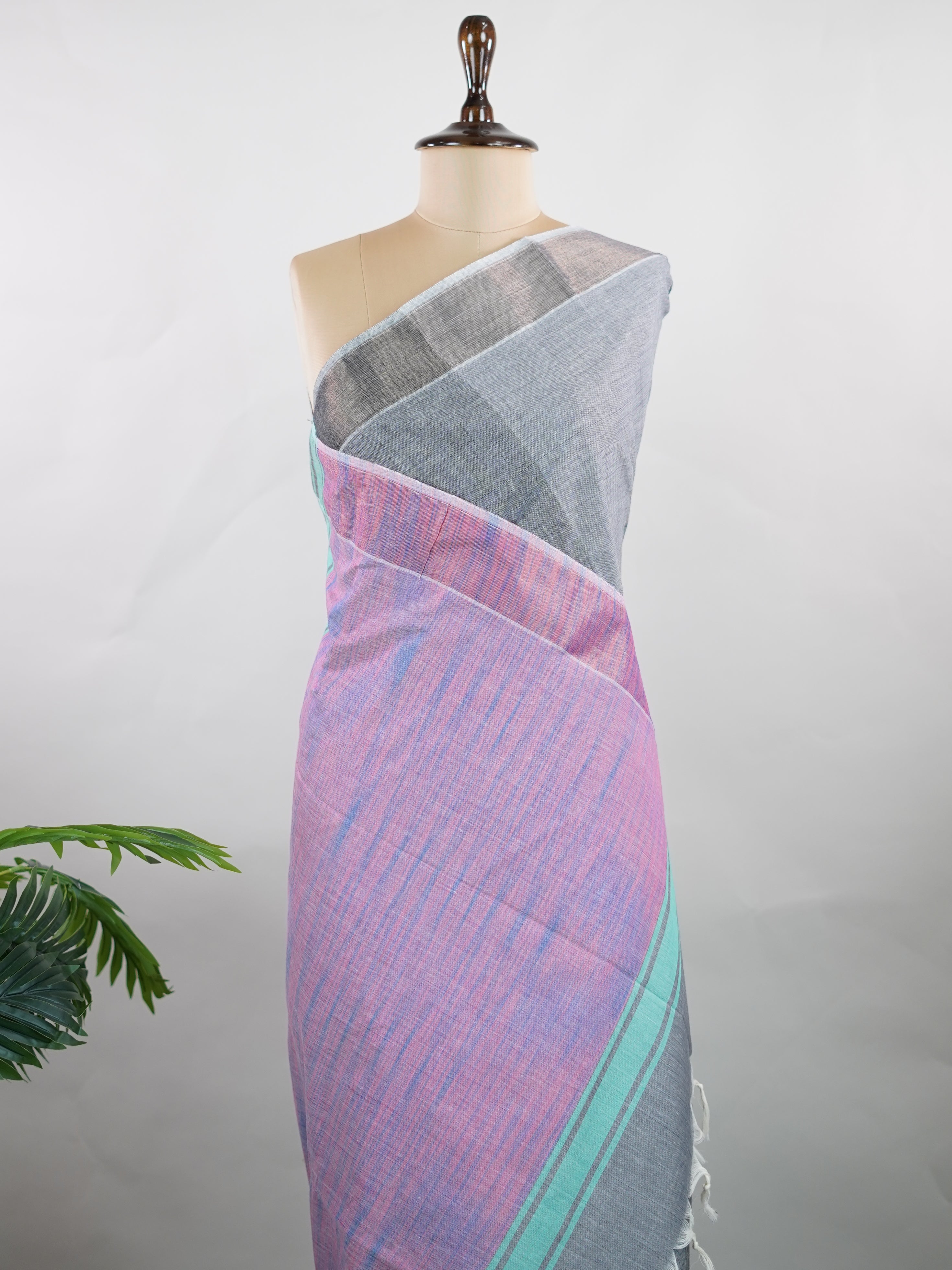 Bengal Cottons Grey South Cotton with Running Zari Border &amp; Grey Blouse Shyamala - Grey Handloom Cotton Saree - Manoranjitham Weaves - Handloom Store