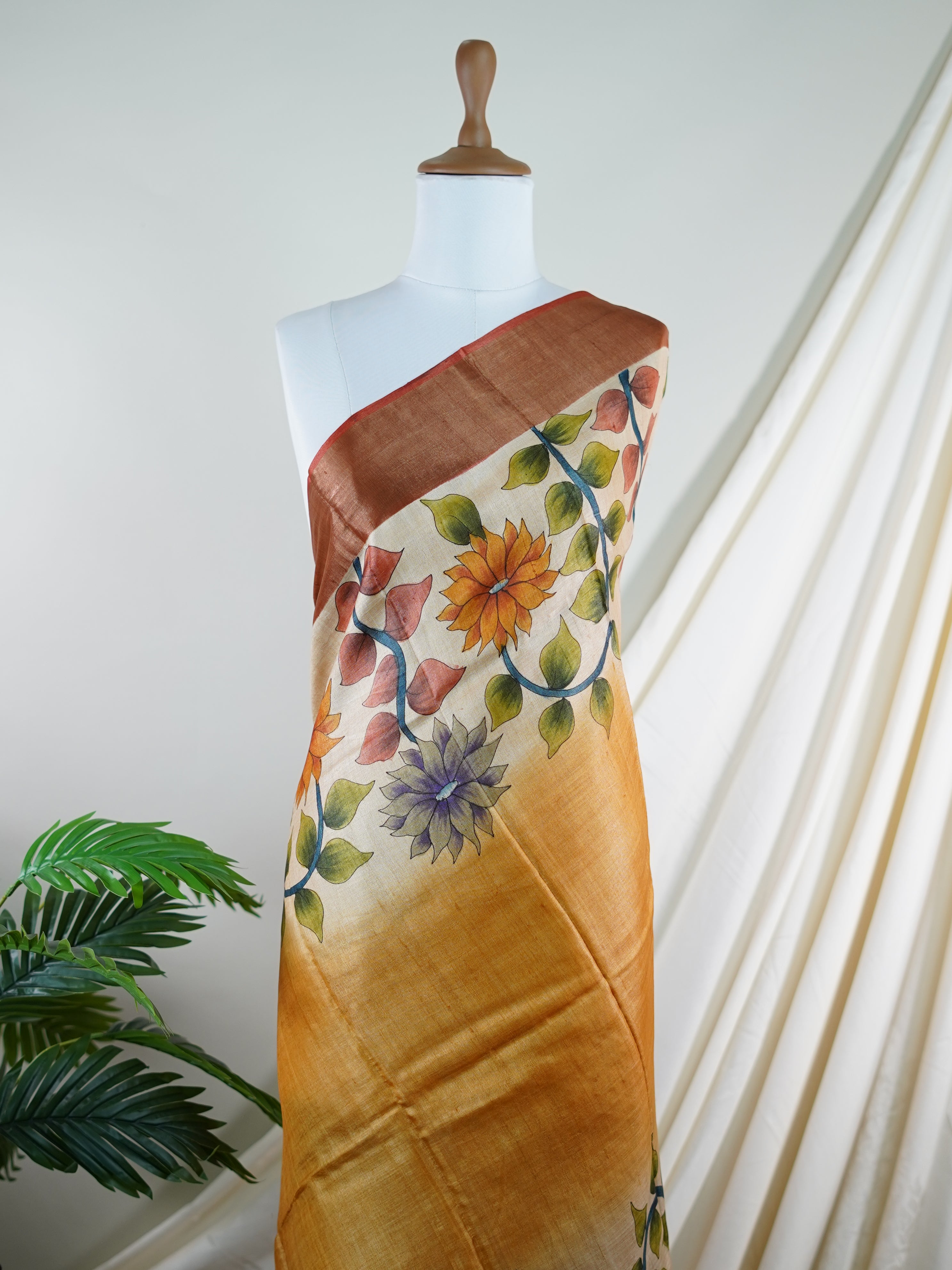 Tussars Beige 100% Pure Tussar - Manoranjitham Weaves - Handloom Store