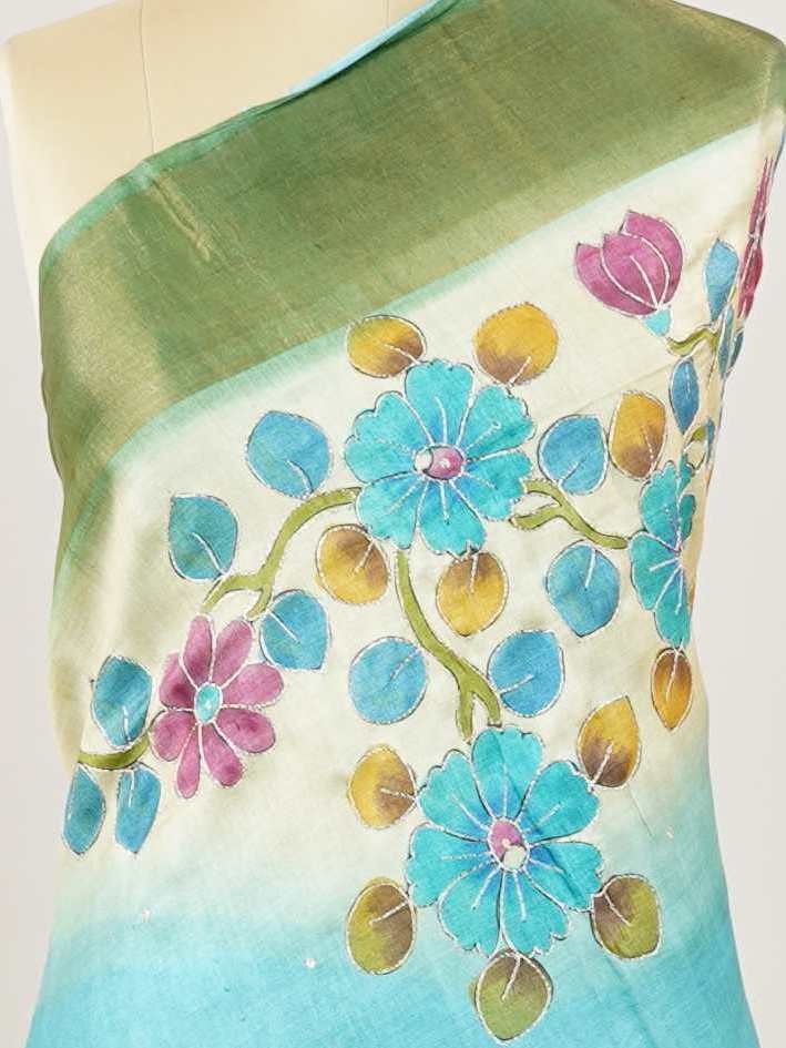 Tussars A Tussar saree with digital print and intricate Aari Peeta embroidery, combining modern design with delicate handcraft. Pahadi - Tussar Silk Saree | Digital Print - Manoranjitham Weaves - Handloom Store