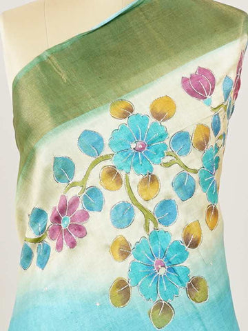 Tussars A Tussar saree with digital print and intricate Aari Peeta embroidery, combining modern design with delicate handcraft. Pahadi - Tussar Silk Saree | Digital Print - Manoranjitham Weaves - Handloom Store