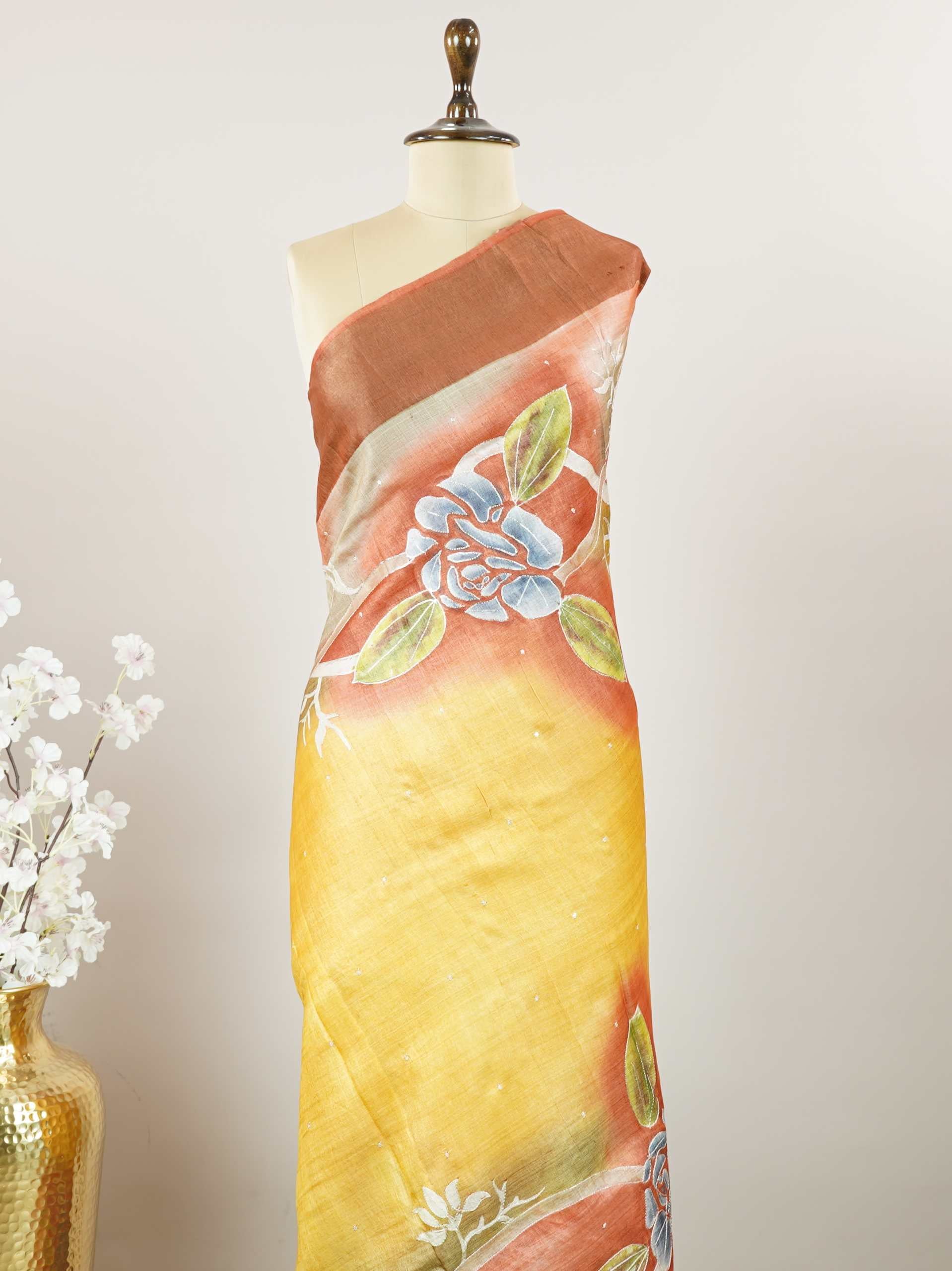 Tussars A Tussar saree with digital print and intricate Aari Peeta work, combining contemporary style with delicate handcraft. Miyan Malhara - Tussar Silk Saree | Digital Print - Manoranjitham Weaves - Handloom Store