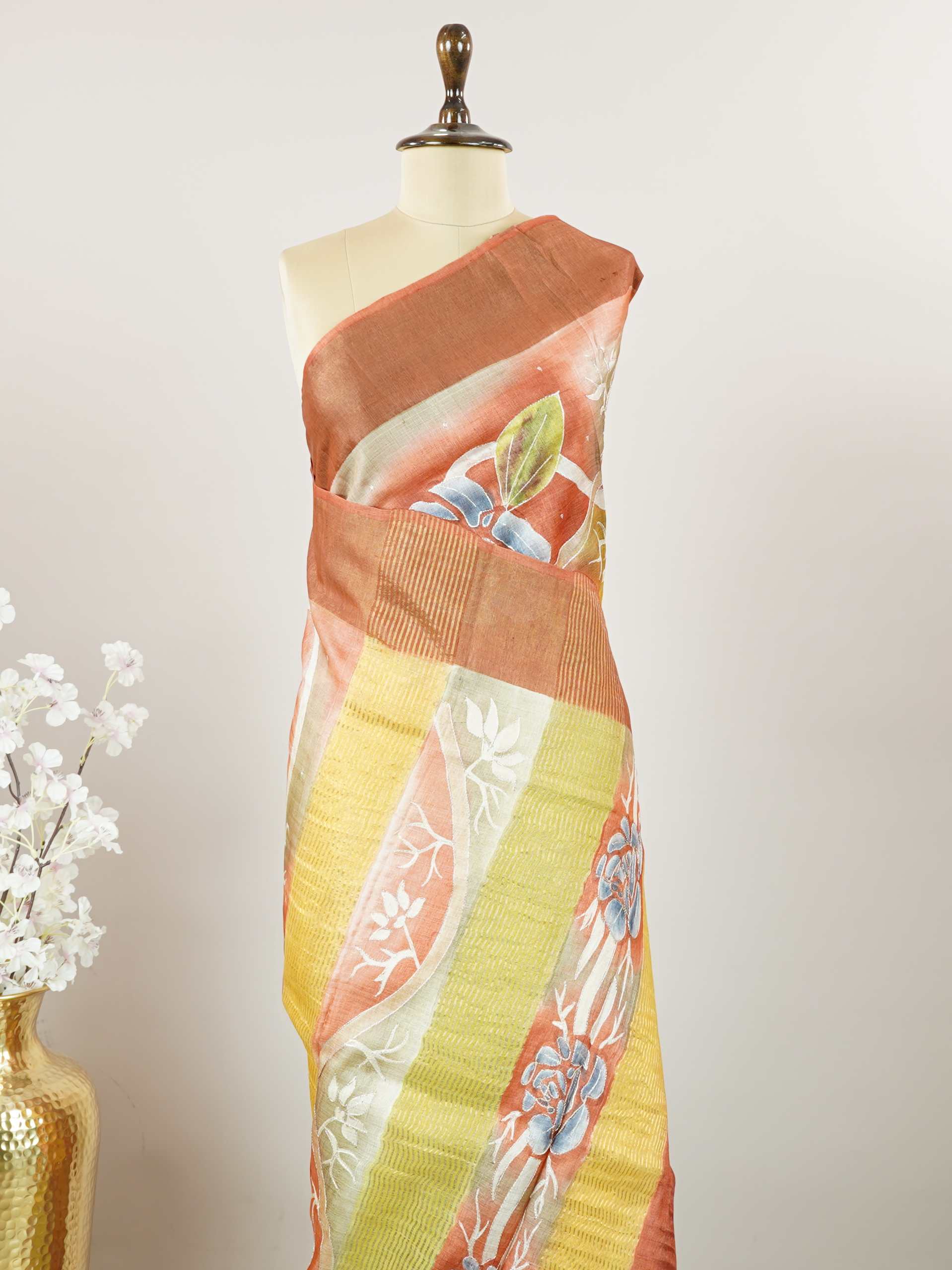 Tussars A Tussar saree with digital print and intricate Aari Peeta work, combining contemporary style with delicate handcraft. Miyan Malhara - Tussar Silk Saree | Digital Print - Manoranjitham Weaves - Handloom Store
