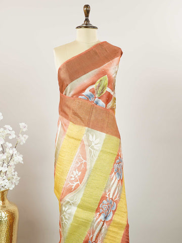 Tussars A Tussar saree with digital print and intricate Aari Peeta work, combining contemporary style with delicate handcraft. Miyan Malhara - Tussar Silk Saree | Digital Print - Manoranjitham Weaves - Handloom Store