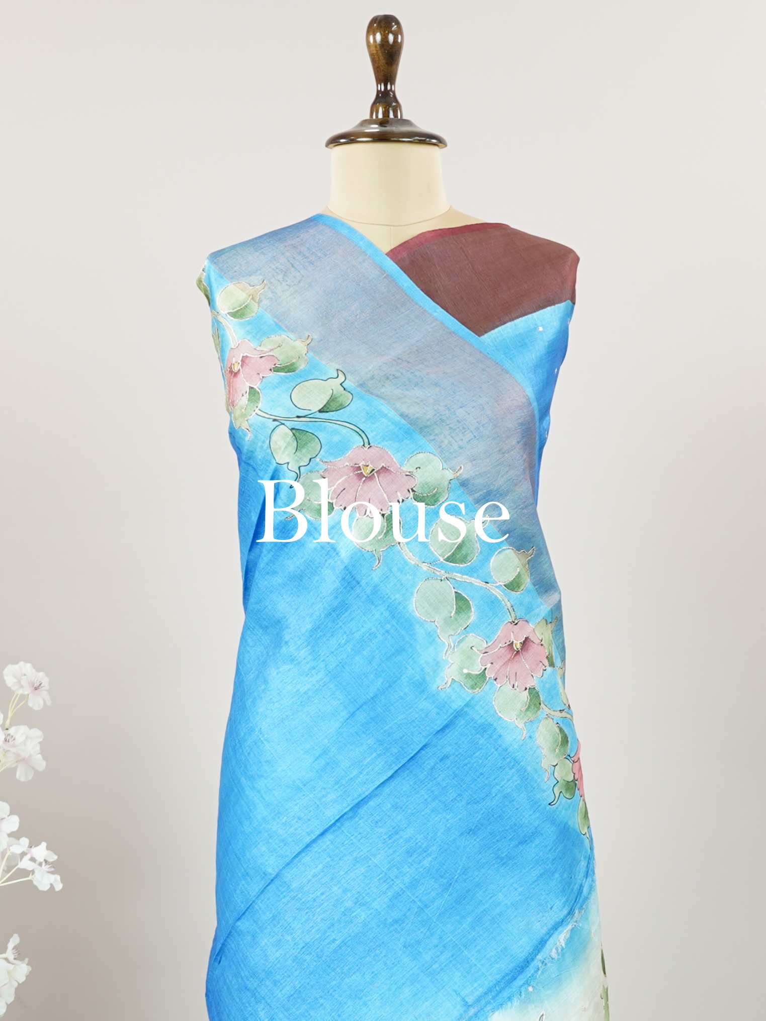 Tussars A Tussar saree with a plain upper body and digital print on the bottom border and pallu, enhanced with Aari Peeta embroidery for a subtle, handcrafted charm. Desha - Tussar Silk Saree | Digital Print - Manoranjitham Weaves - Handloom Store