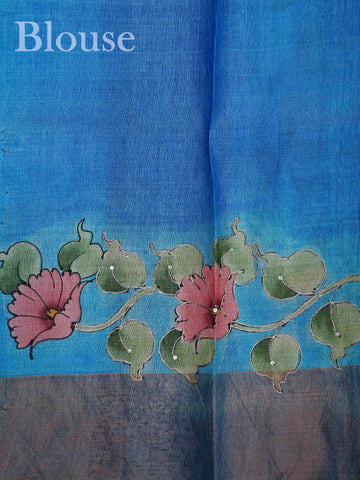 Tussars A Tussar saree with a plain upper body and digital print on the bottom border and pallu, enhanced with Aari Peeta embroidery for a subtle, handcrafted charm. Desha - Manoranjitham Weaves - Handloom Store