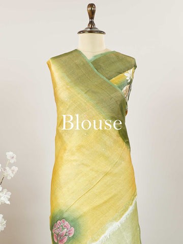 Tussars A Tussar saree with digital print and intricate Aari Peeta work, combining contemporary style with delicate handcraft. Hemanta - Tussar Silk Saree | Digital Print - Manoranjitham Weaves - Handloom Store