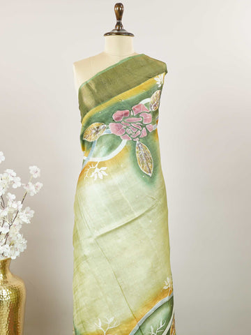 Tussars A Tussar saree with digital print and intricate Aari Peeta work, combining contemporary style with delicate handcraft. Hemanta - Tussar Silk Saree | Digital Print - Manoranjitham Weaves - Handloom Store