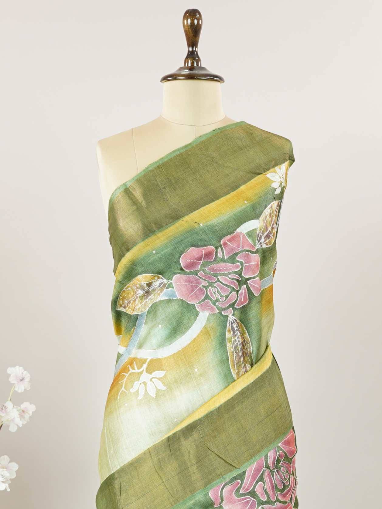 Tussars A Tussar saree with digital print and intricate Aari Peeta work, combining contemporary style with delicate handcraft. Hemanta - Tussar Silk Saree | Digital Print - Manoranjitham Weaves - Handloom Store