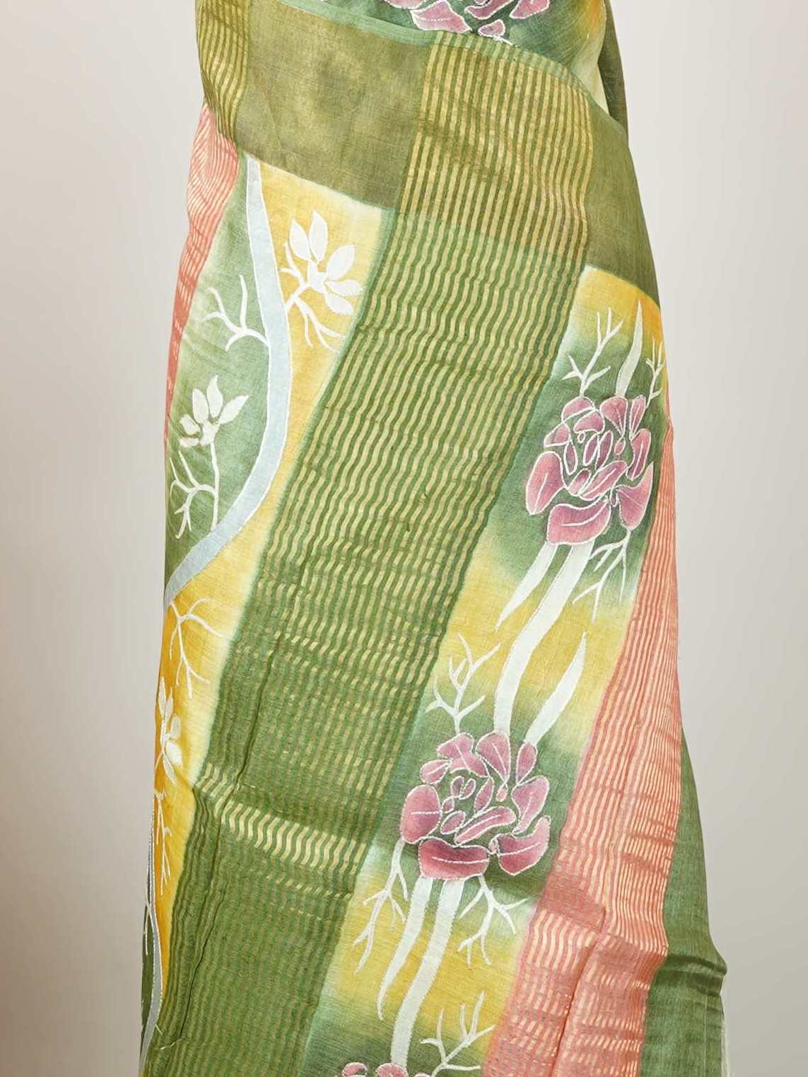 Tussars A Tussar saree with digital print and intricate Aari Peeta work, combining contemporary style with delicate handcraft. Hemanta - Tussar Silk Saree | Digital Print - Manoranjitham Weaves - Handloom Store