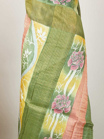 Tussars A Tussar saree with digital print and intricate Aari Peeta work, combining contemporary style with delicate handcraft. Hemanta - Tussar Silk Saree | Digital Print - Manoranjitham Weaves - Handloom Store