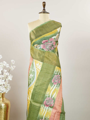 Tussars A Tussar saree with digital print and intricate Aari Peeta work, combining contemporary style with delicate handcraft. Hemanta - Tussar Silk Saree | Digital Print - Manoranjitham Weaves - Handloom Store