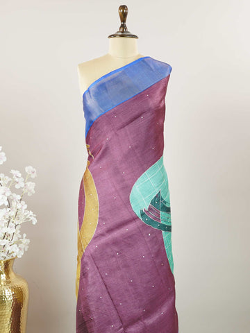 Tussars A Tussar saree with digital print and intricate Aari Peeta work, combining contemporary style with delicate handcraft. Madhukaunsa - Tussar Silk Saree | Digital Print - Manoranjitham Weaves - Handloom Store