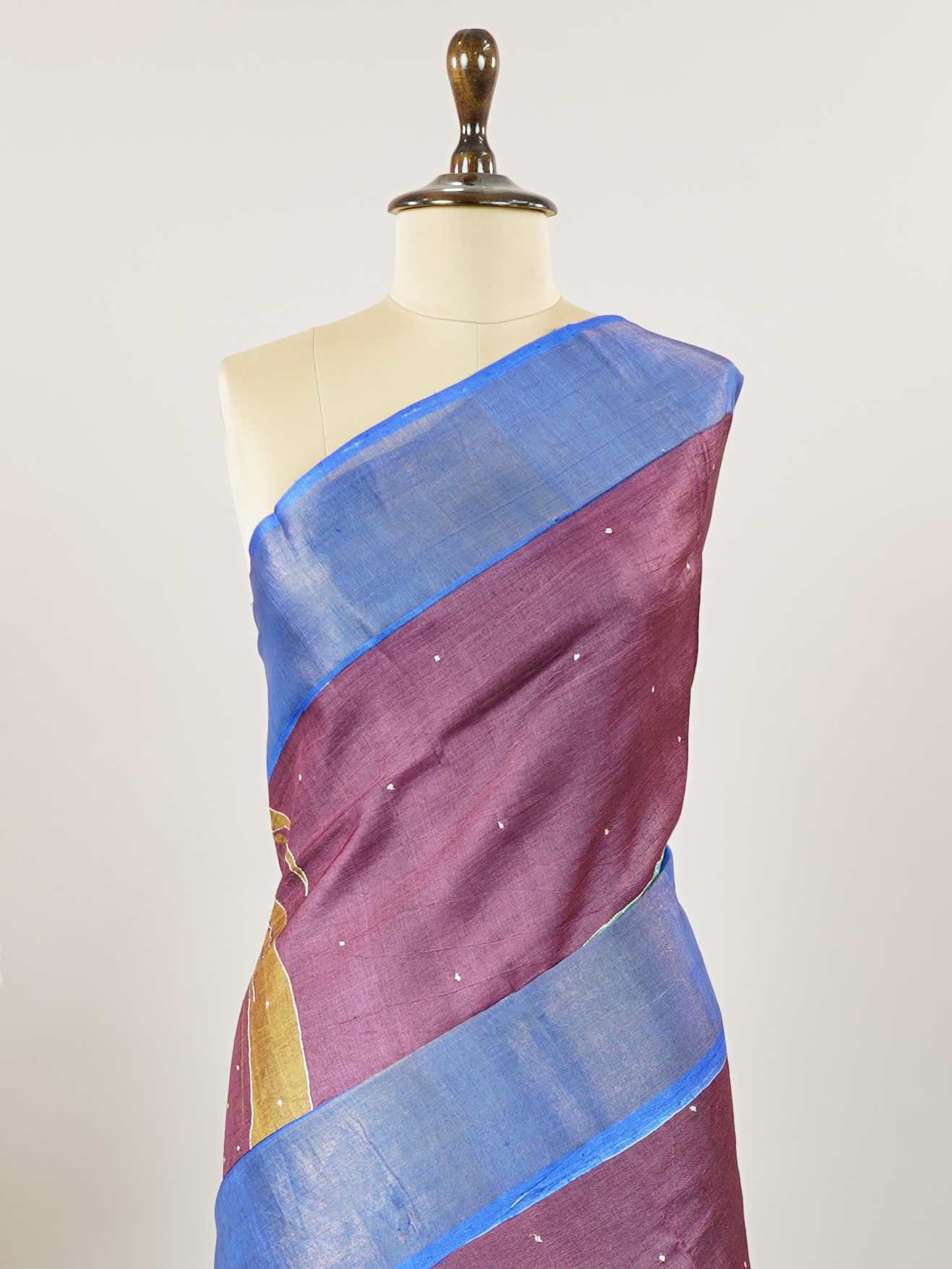 Tussars A Tussar saree with digital print and intricate Aari Peeta work, combining contemporary style with delicate handcraft. Madhukaunsa - Tussar Silk Saree | Digital Print - Manoranjitham Weaves - Handloom Store