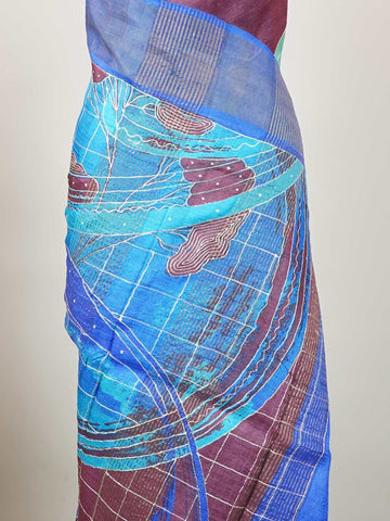 Tussars A Tussar saree with digital print and intricate Aari Peeta work, combining contemporary style with delicate handcraft. Madhukaunsa - Tussar Silk Saree | Digital Print - Manoranjitham Weaves - Handloom Store