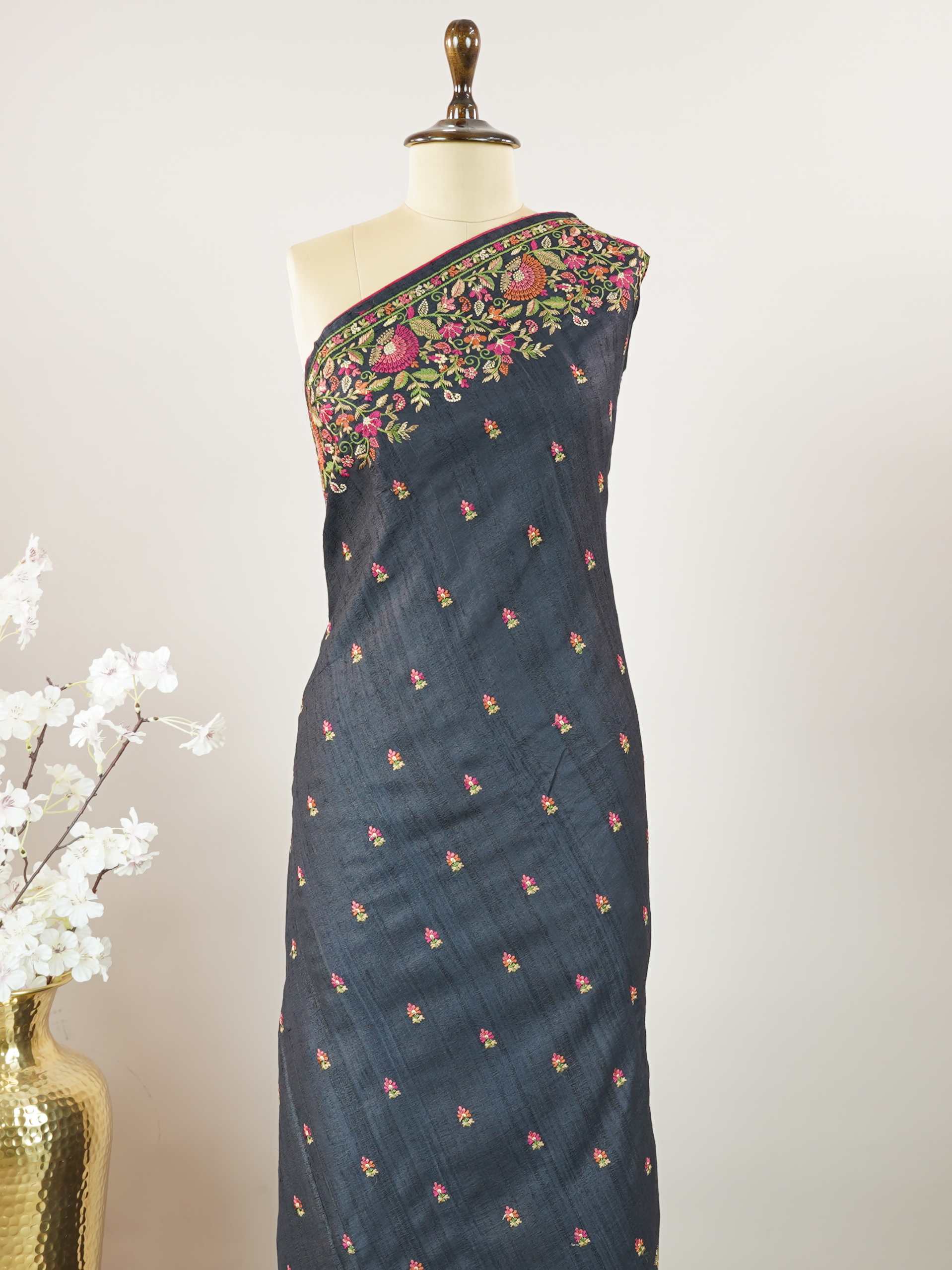 Tussars Desi Tussar sarees with embroidery, offering elegant texture and subtle detailing. Bageshreea - Tussar Silk Saree | Hand Embroidered - Manoranjitham Weaves - Handloom Store