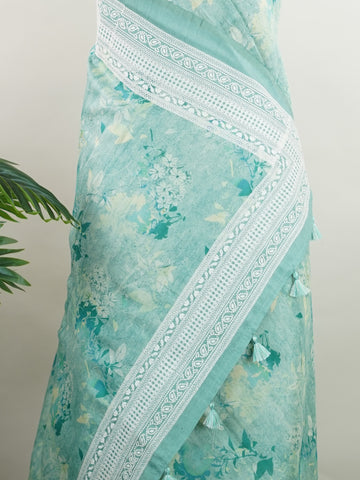 Tussars A serene green semi tussar saree blooming with floral digital prints and delicate thread borders.
Woven in Varanasi, it blends subtle texture with artisanal charm and light elegance.
Perfect for intimate gatherings, temple visits, or everyday grace with a touch of tradition.
#SemiTussarSaree #ThreadBorderElegance #VaranasiWeaves

 Poorvikalyani - Manoranjitham Weaves - Handloom Store