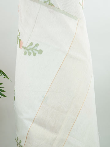 Cottons In soft cream tones, this Kora Cotton saree from Varanasi carries a light, graceful charm.br
Floral motifs bloom gently across the body, untouched by zari for a pure, minimal look.br
Its airy texture makes it ideal for warm days and easy elegance.br
A timeless drape for those who love quiet beauty.br
#KoraCotton #FloralSaree #NoZariElegance #VaranasiWeaves #ManoranjithamSarees Jeevantika - Handloom Cotton Saree | Zari Border | Traditional - Manoranjitham Weaves - Handloom Store