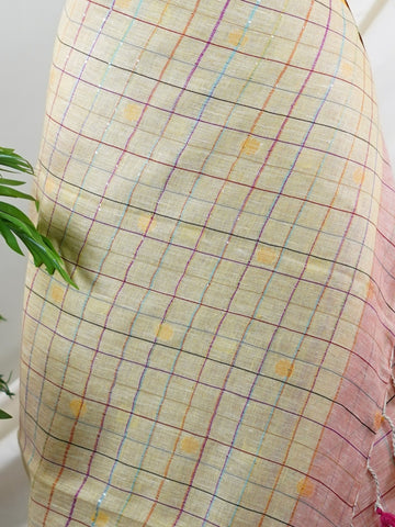 Linen A masterpiece from Gujarat, this Linen saree in Cream Peach is a tribute to India's rich handloom legacy. The nan weaving and Handwork motifs make it a perfect choice for brides and celebrations. Every thread speaks of elegance, tradition, and the skilled hands that bring this saree to life. Hemanta - Cream Handloom Cotton Saree | Zari Border | Traditional - Manoranjitham Weaves - Handloom Store