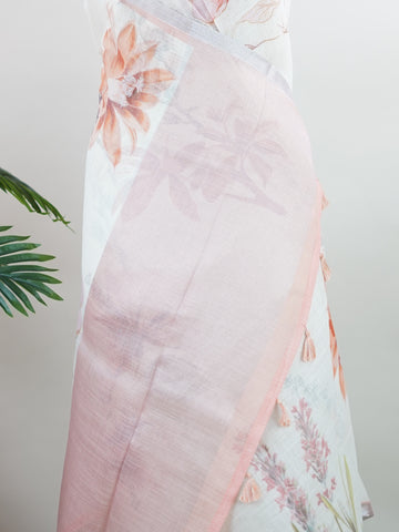 Linen A pristine white base adorned with multicolour floral motifs makes this Silk Kota saree a picture of elegance.br
Fine zari threads glint softly through the weave, adding a touch of celebration.br
Light as air and beautifully translucent, it’s ideal for summer occasions.br
A delicate dance of tradition and colour from Varanasi.br
#SilkKota #FloralElegance #WhiteSareeCharm #FineZariWeave #ManoranjithamSarees Ahiri - Multicolour Semi Silk Saree - Manoranjitham Weaves - Handloom Store