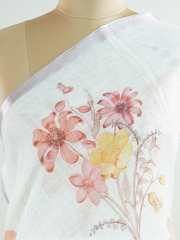 Linen A pristine white base adorned with multicolour floral motifs makes this Silk Kota saree a picture of elegance.br
Fine zari threads glint softly through the weave, adding a touch of celebration.br
Light as air and beautifully translucent, it’s ideal for summer occasions.br
A delicate dance of tradition and colour from Varanasi.br
#SilkKota #FloralElegance #WhiteSareeCharm #FineZariWeave #ManoranjithamSarees Amrutavarshini - Multicolour Semi Silk Saree - Manoranjitham Weaves - Handloom Store