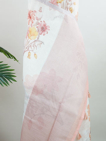 Linen A pristine white base adorned with multicolour floral motifs makes this Silk Kota saree a picture of elegance.br
Fine zari threads glint softly through the weave, adding a touch of celebration.br
Light as air and beautifully translucent, it’s ideal for summer occasions.br
A delicate dance of tradition and colour from Varanasi.br
#SilkKota #FloralElegance #WhiteSareeCharm #FineZariWeave #ManoranjithamSarees Amrutavarshini - Multicolour Semi Silk Saree - Manoranjitham Weaves - Handloom Store