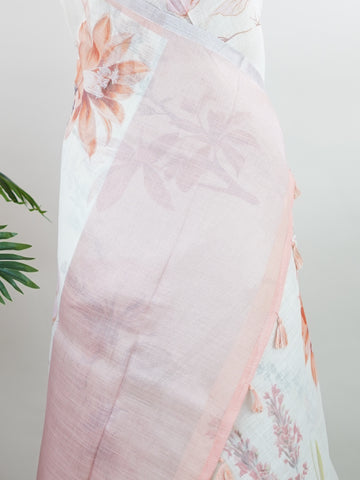 Linen A pristine white base adorned with multicolour floral motifs makes this Silk Kota saree a picture of elegance.br
Fine zari threads glint softly through the weave, adding a touch of celebration.br
Light as air and beautifully translucent, it’s ideal for summer occasions.br
A delicate dance of tradition and colour from Varanasi.br
#SilkKota #FloralElegance #WhiteSareeCharm #FineZariWeave #ManoranjithamSarees Andolika - Multicolour Semi Silk Saree - Manoranjitham Weaves - Handloom Store