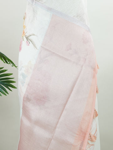 Linen A pristine white base adorned with multicolour floral motifs makes this Silk Kota saree a picture of elegance.br
Fine zari threads glint softly through the weave, adding a touch of celebration.br
Light as air and beautifully translucent, it’s ideal for summer occasions.br
A delicate dance of tradition and colour from Varanasi.br
#SilkKota #FloralElegance #WhiteSareeCharm #FineZariWeave #ManoranjithamSarees Arunachala - Multicolour Semi Silk Saree - Manoranjitham Weaves - Handloom Store