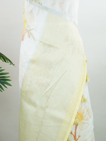 Linen A pristine white base adorned with multicolour floral motifs makes this Silk Kota saree a picture of elegance.br
Fine zari threads glint softly through the weave, adding a touch of celebration.br
Light as air and beautifully translucent, it’s ideal for summer occasions.br
A delicate dance of tradition and colour from Varanasi.br
#SilkKota #FloralElegance #WhiteSareeCharm #FineZariWeave #ManoranjithamSarees Brihadishvari - Multicolour Semi Silk Saree - Manoranjitham Weaves - Handloom Store