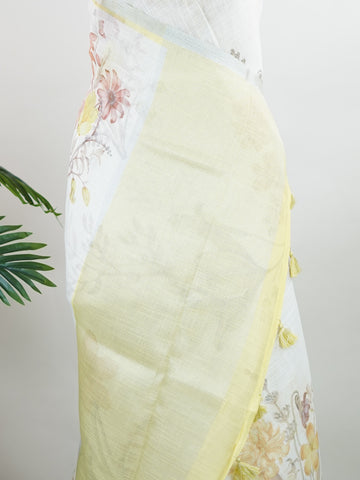 Linen A pristine white base adorned with multicolour floral motifs makes this Silk Kota saree a picture of elegance.
Fine zari threads glint softly through the weave, adding a touch of celebration.
Light as air and beautifully translucent, it’s ideal for summer occasions.
A delicate dance of tradition and colour from Varanasi.
#SilkKota #FloralElegance #WhiteSareeCharm #FineZariWeave #ManoranjithamSarees







 Buddhamanohari - Manoranjitham Weaves - Handloom Store