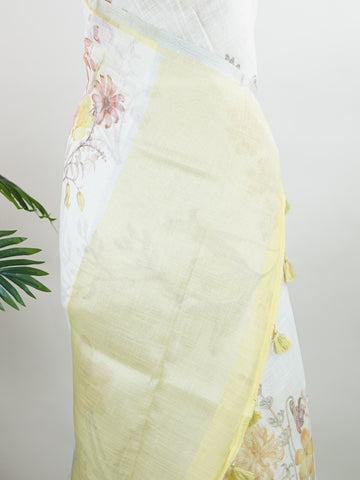 Linen A pristine white base adorned with multicolour floral motifs makes this Silk Kota saree a picture of elegance.
Fine zari threads glint softly through the weave, adding a touch of celebration.
Light as air and beautifully translucent, it’s ideal for summer occasions.
A delicate dance of tradition and colour from Varanasi.
#SilkKota #FloralElegance #WhiteSareeCharm #FineZariWeave #ManoranjithamSarees







 Chintamani - Manoranjitham Weaves - Handloom Store