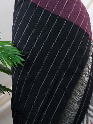 Handspun Cotton Black Pochampally Cotton with Ikkat Patterns Kanchana - Handloom Cotton Saree | Ikkat Border - Manoranjitham Weaves - Handloom Store