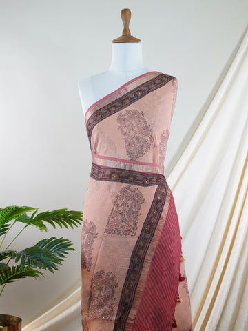 Kota A breezy Cotton Kota Doria saree adorned with delicate handblock prints and glistening mirror work—light as air, rich in tradition.br
Its translucent texture and airy drape make it perfect for summer gatherings and everyday grace.br
Every motif is stamped by hand, reflecting the charm of slow craft and timeless elegance.br
#HandloomCotton #KotaDoria #BlockPrintSaree #MirrorWork #Manoranjitham Begada - Handloom Pure Silk Saree | Handwoven | Buttas - Manoranjitham Weaves - Handloom Store