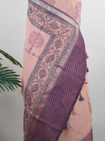 Kota A breezy Cotton Kota Doria saree adorned with delicate handblock prints and glistening mirror work—light as air, rich in tradition.br
Its translucent texture and airy drape make it perfect for summer gatherings and everyday grace.br
Every motif is stamped by hand, reflecting the charm of slow craft and timeless elegance.br
#HandloomCotton #KotaDoria #BlockPrintSaree #MirrorWork #Manoranjitham Chalanata - Handloom Pure Silk Saree | Handwoven | Buttas - Manoranjitham Weaves - Handloom Store