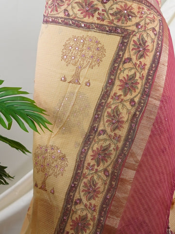 Kota A breezy Cotton Kota Doria saree adorned with delicate handblock prints and glistening mirror work—light as air, rich in tradition.br
Its translucent texture and airy drape make it perfect for summer gatherings and everyday grace.br
Every motif is stamped by hand, reflecting the charm of slow craft and timeless elegance.br
#HandloomCotton #KotaDoria #BlockPrintSaree #MirrorWork #Manoranjitham Darbar - Handloom Pure Silk Saree | Handwoven | Buttas - Manoranjitham Weaves - Handloom Store