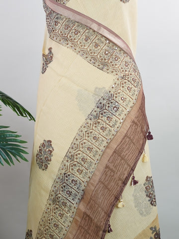 Kota A breezy Cotton Kota Doria saree adorned with delicate handblock prints and glistening mirror work—light as air, rich in tradition.br
Its translucent texture and airy drape make it perfect for summer gatherings and everyday grace.br
Every motif is stamped by hand, reflecting the charm of slow craft and timeless elegance.br
#HandloomCotton #KotaDoria #BlockPrintSaree #MirrorWork #Manoranjitham Gambhiranata - Handloom Pure Silk Saree | Handwoven | Buttas - Manoranjitham Weaves - Handloom Store