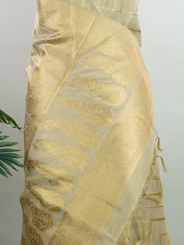 tissue This Kora Semi Tissue saree in rich gold features elegant stripes woven with fine zari. Lightweight and luminous, it captures the essence of festive finesse. Crafted in Varanasi, it drapes with ease and radiance. A timeless choice for celebrations with subtle grandeur. #KoraSemiTissue #GoldStripes #FineZari #VaranasiWeaves #ManoranjithamSarees Nirmala - Gold Semi Silk Saree - Manoranjitham Weaves - Handloom Store