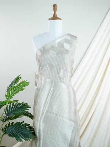 tissue Woven with the finest silk, this 100% Pure Silk  saree in Mint Green blends tradition and grace. Its Gold and Silver Zari Buttas detailing adds a touch of bridal opulence. Bhinnashadja - Mint Green Banarasi Tissue Kora Saree | Zari Buttas - Manoranjitham Weaves - Handloom Store