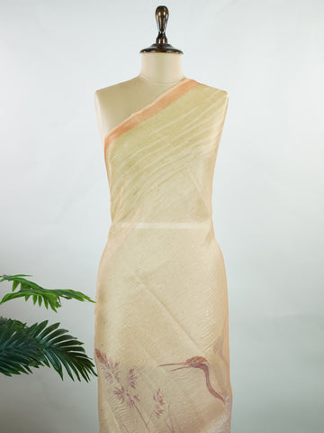 tissue This lightweight Semi Tissue saree from Varanasi blends the translucent beauty of tissue fabric with fine zari weave patterns that shimmer delicately across its surface. Its smooth drape and luminous finish make it a versatile choice for festive occasions, evening outings, and celebrations. A beautiful balance of traditional craftsmanship and contemporary wearability. Semi Tissue - Semi Silk Saree - Manoranjitham Weaves - Handloom Store